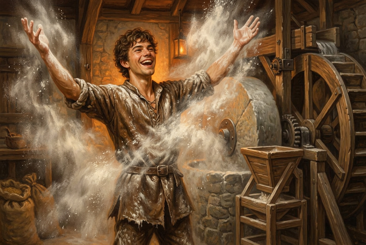 Much dropping a grain sack in a stone mill courtyard, giant cloud of white flour exploding around him