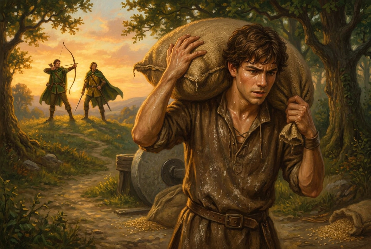 Robin Hood posing heroically on a hilltop at sunset while Much crouches behind him fixing a broken cart wheel